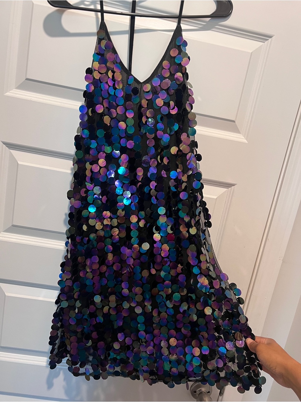 Black Sequin Party Dress with Iridescent Discs